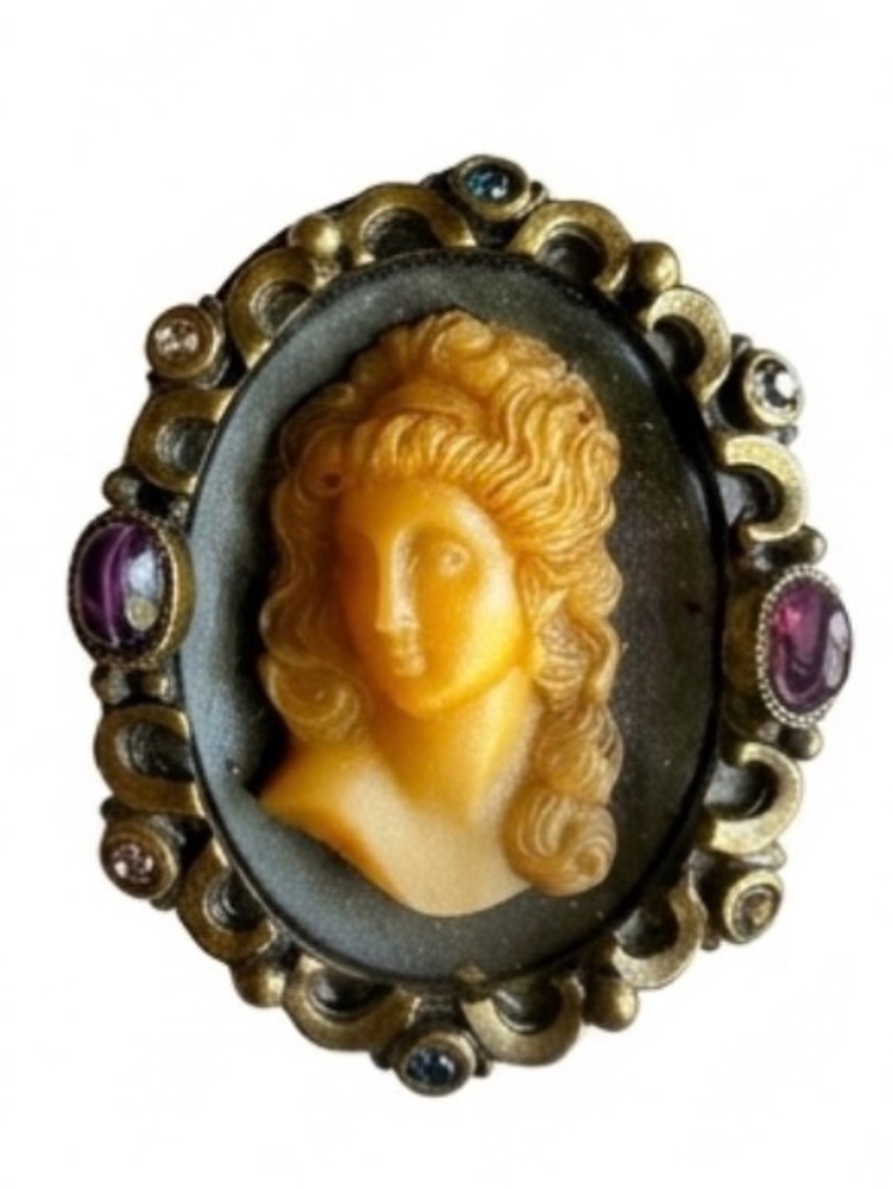 Sweet Romance Yellow Cameo Brooch with Gold-Tone Frame and Purple Accents